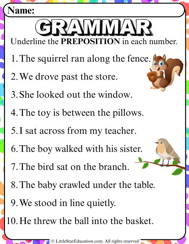 Preposition Identification Practice for Early Elementary ELA