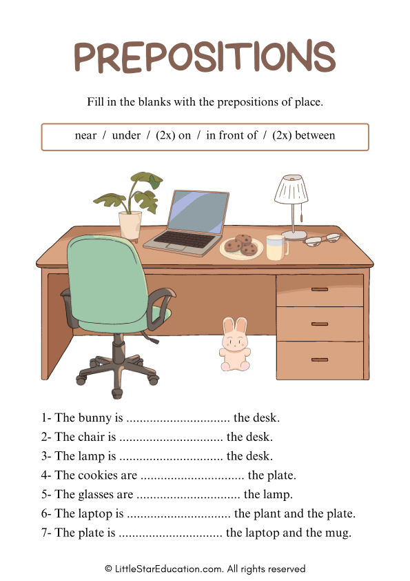 Prepositions "Near Under on in Front of Between" Grammar Worksheet