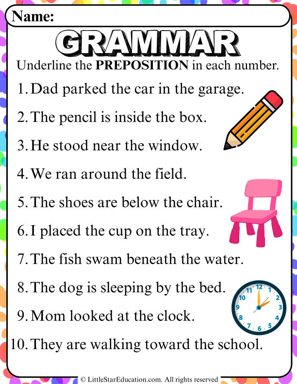Prepositions of Place and Time Practice for Early Elementary ELA