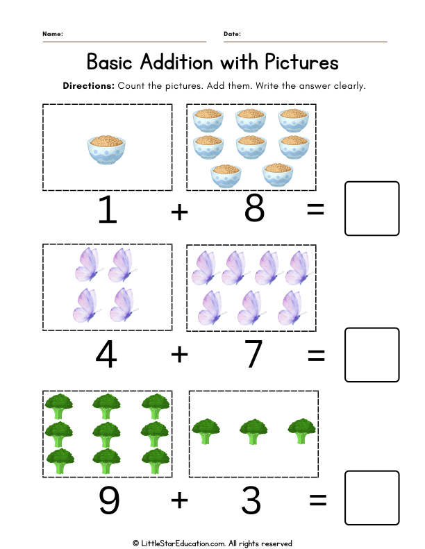 Preschool Addition Practice with Pictures for Early Math Skills