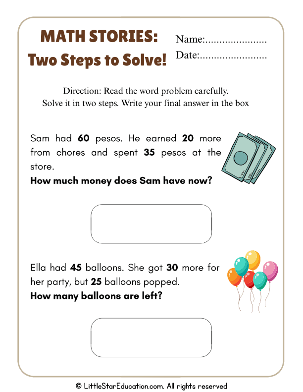 Printable Grade 1–2 Two-Step Addition and Subtraction Activities