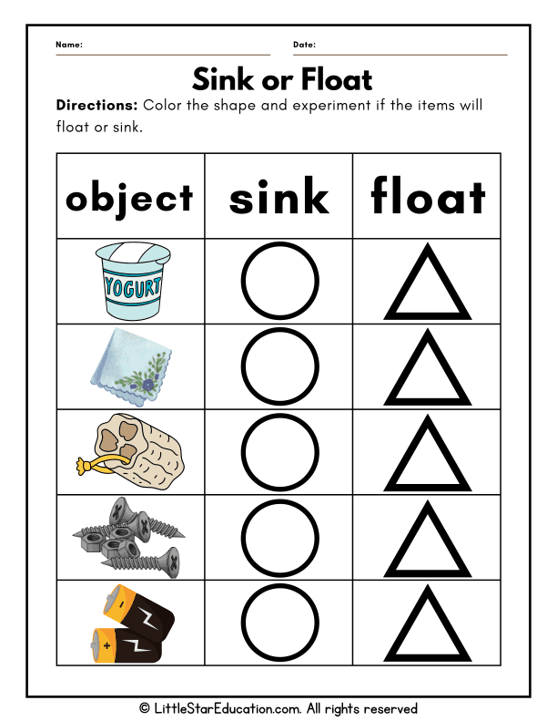 Printable Sink or Float Activity for Early Childhood