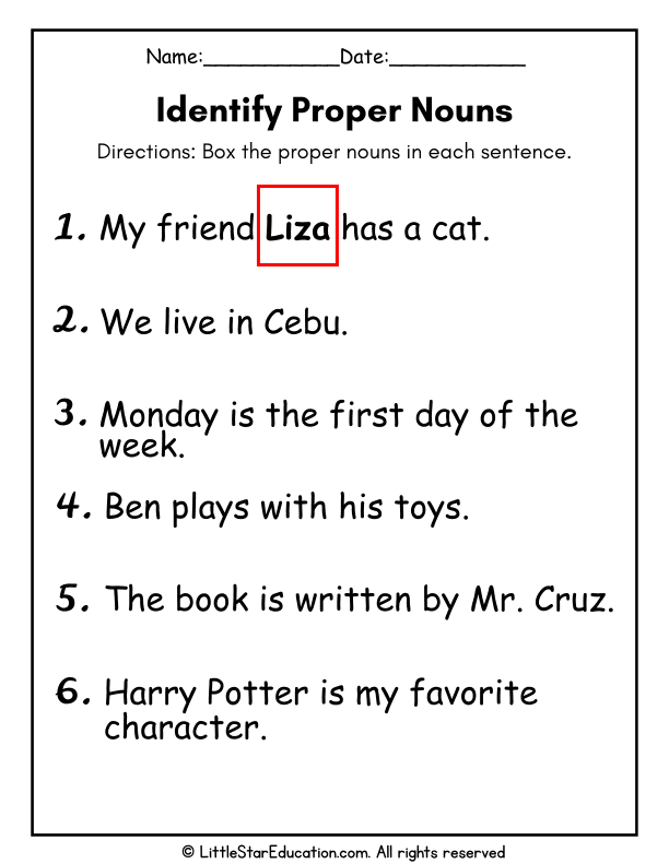 Proper Noun Identification Practice for First Grade ELA