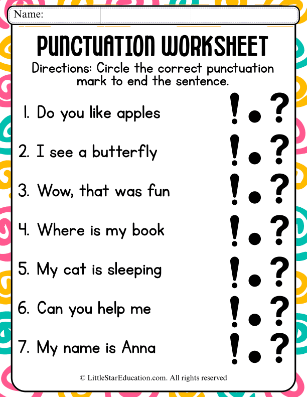 Punctuation Practice: Choosing Sentence End Marks for Grades 1-2