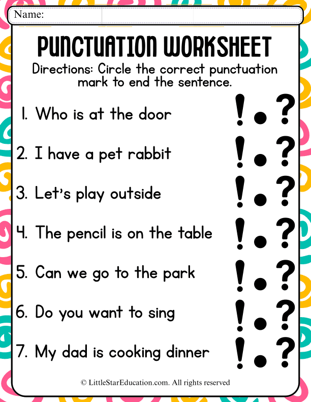 Punctuation Practice: Ending Sentences with Correct Marks for Grades 1-2