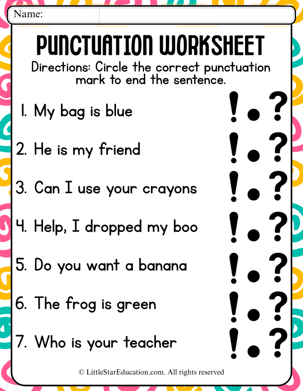 Punctuation Practice: Ending Sentences with Periods, Question Marks, and Exclamations for Early Learners