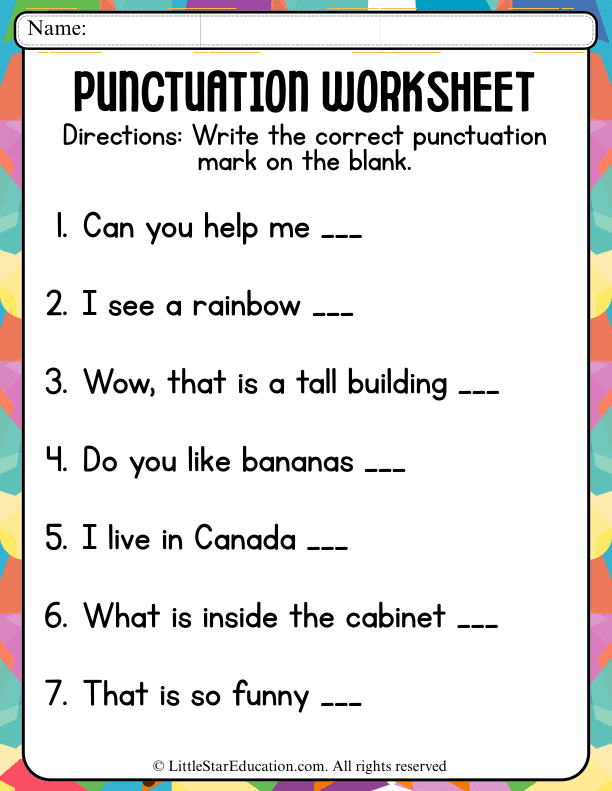 Punctuation Practice: Fill in the Blanks for Early Elementary ELA