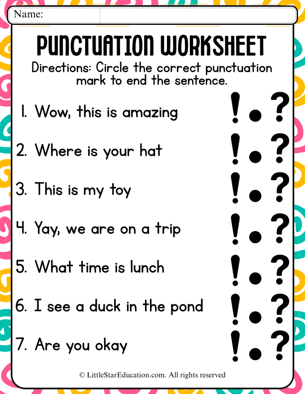 Punctuation Practice: Periods, Questions, and Exclamations for Early Elementary