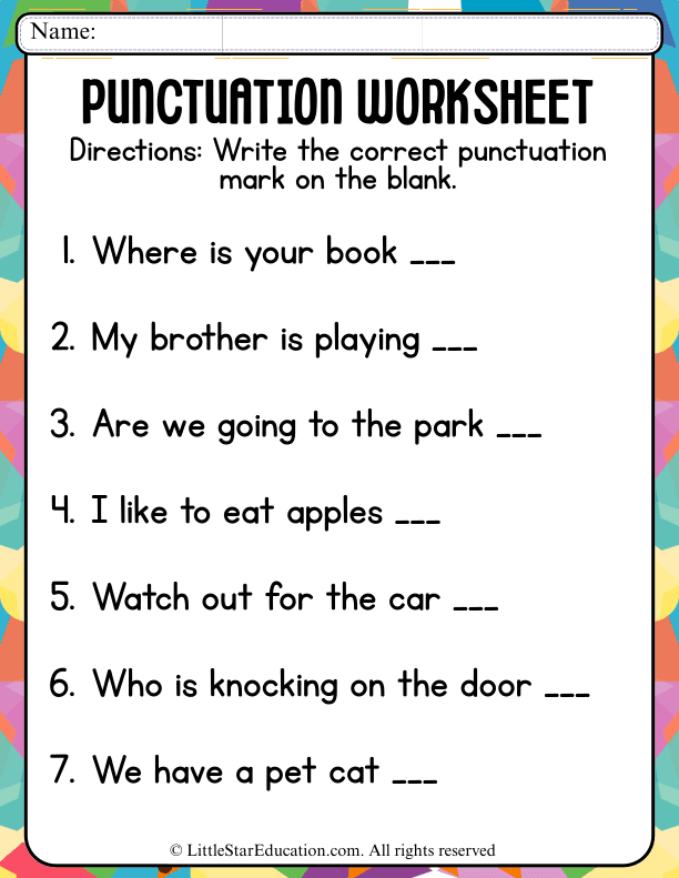 Punctuation Practice: Question Marks, Periods, and Exclamation for Grades 1-2