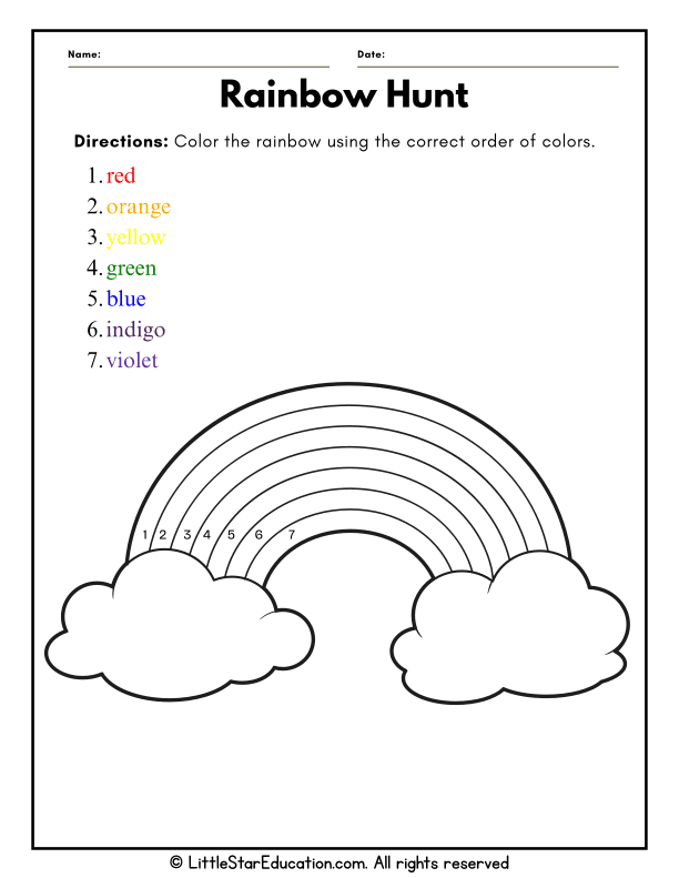 Rainbow Color Order Practice for Preschool and Kindergarten Math
