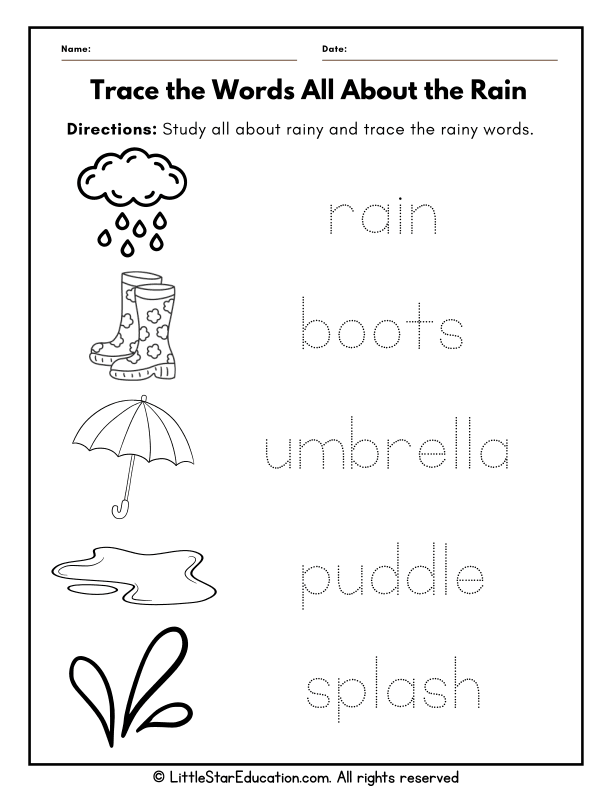 Rainy Day Vocabulary Tracing for Preschool and Kindergarten ELA