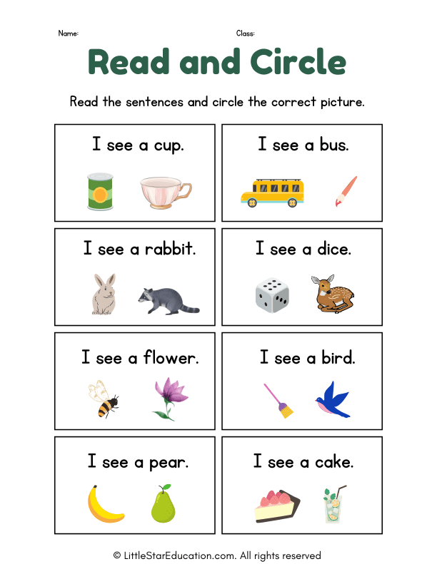 Read and Circle Literacy English Language Arts Worksheet