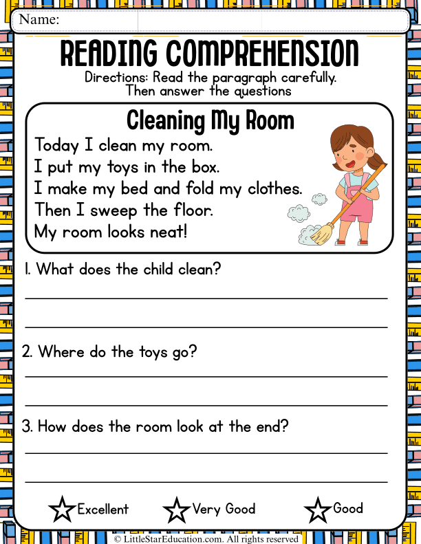Reading Comprehension Passage: Cleaning My Room Questions for Kids