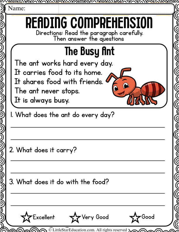 Reading Comprehension Passage: The Busy Ant Story for Grades 1-2