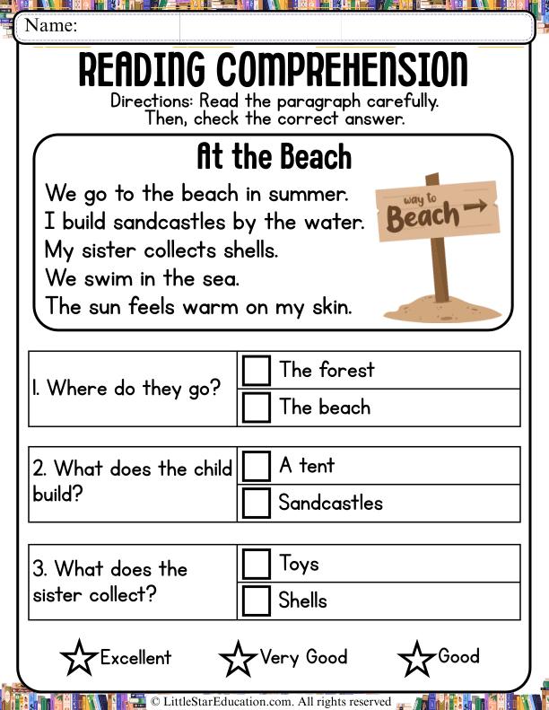 Reading Comprehension Questions: Summer Beach Story for Grades 1-2