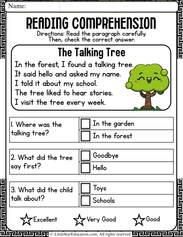Reading Comprehension Questions: The Talking Tree Story for Grades 1-2