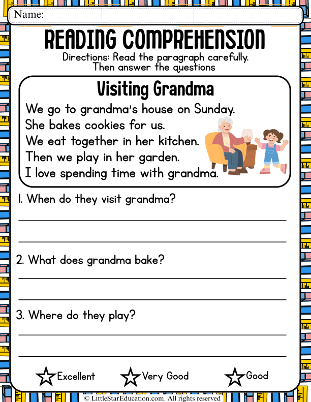 Reading Comprehension Questions: Visiting Grandma for Grades 1-2