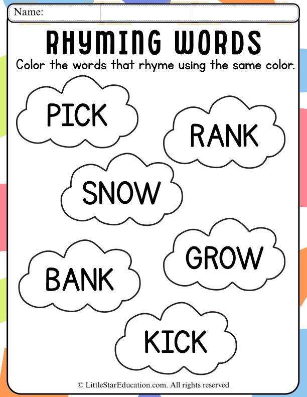 Rhyming Words Color Matching for Kindergarten and Grade 1