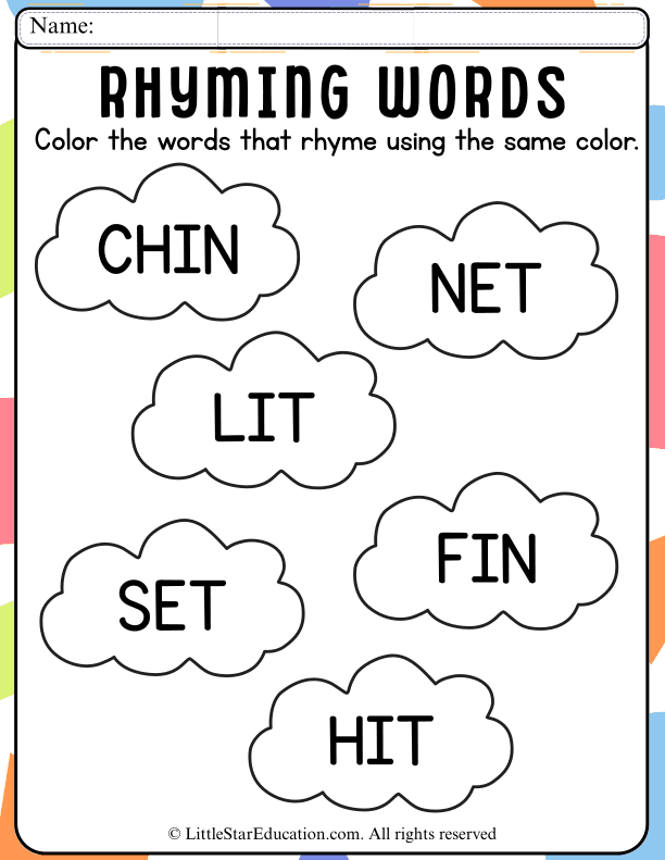 Rhyming Words Coloring Practice for Kindergarten and First Grade