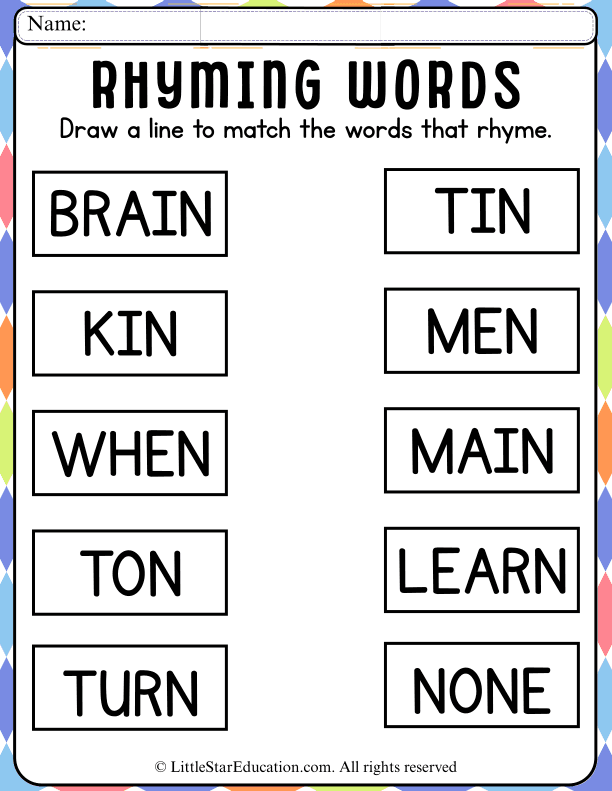 Rhyming Words Matching for Kindergarten and First Grade Reading