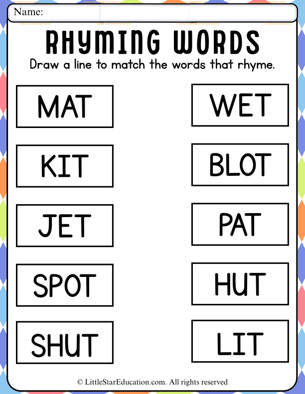 Rhyming Words Matching Practice for Kindergarten and First Grade