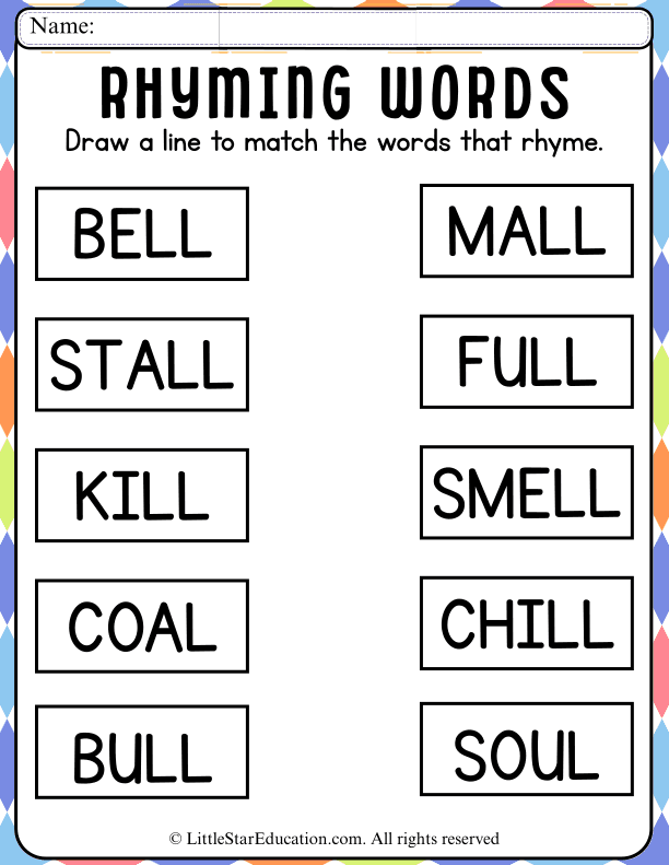 Rhyming Words Matching Practice for Kindergarten and Grade 1