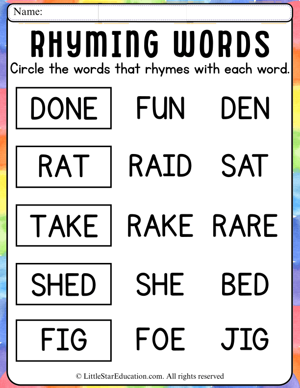 Rhyming Words Practice for Early Readers in Kindergarten and Grade 1