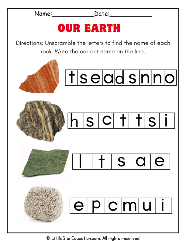 Rock Name Unscramble Challenge for Elementary Science Skills