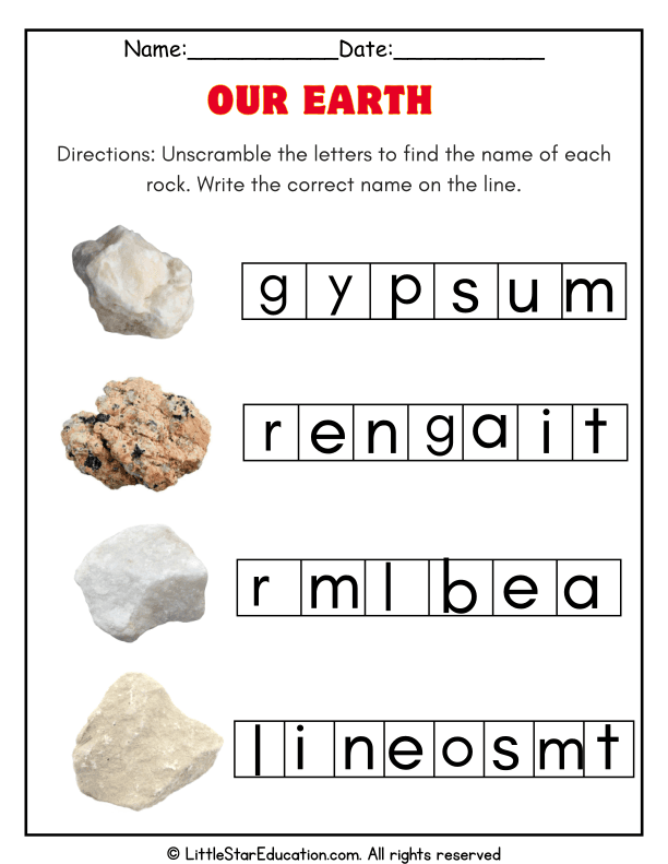 Rock Names Unscramble Challenge for Elementary Science