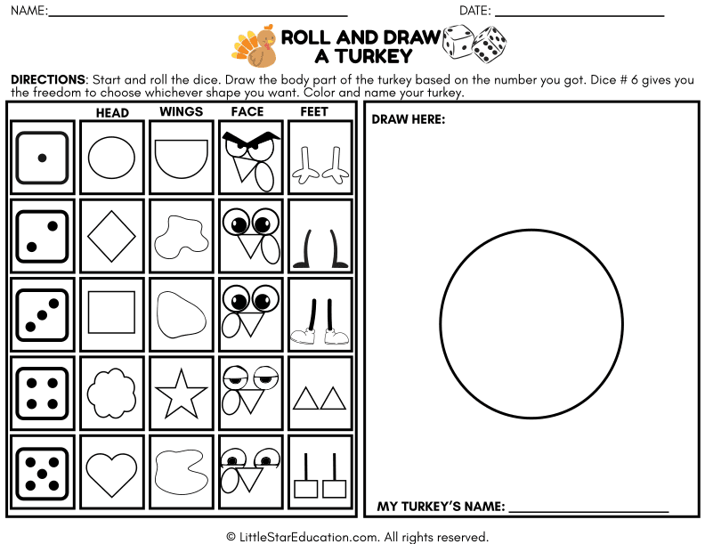 Roll and Draw a Turkey Game for Preschool and Kindergarten Art