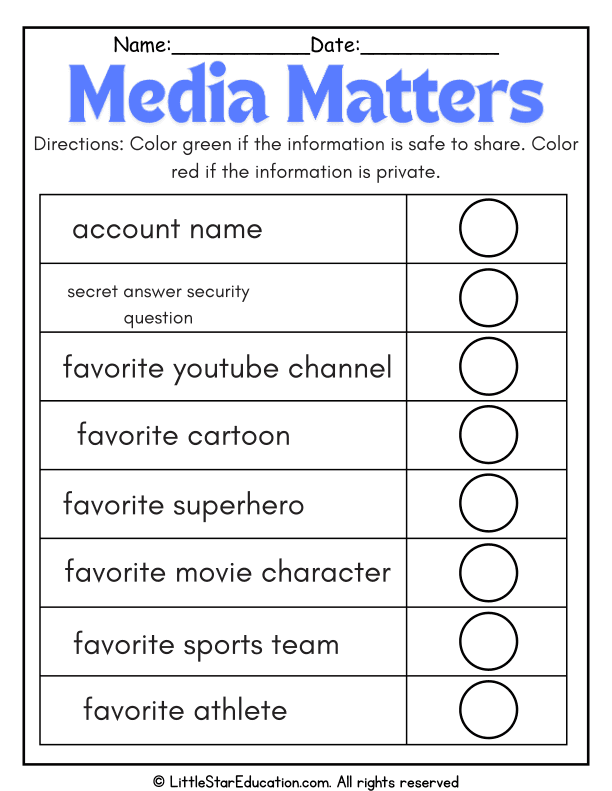 Safe vs Private Information Coloring for Kids – Media Literacy