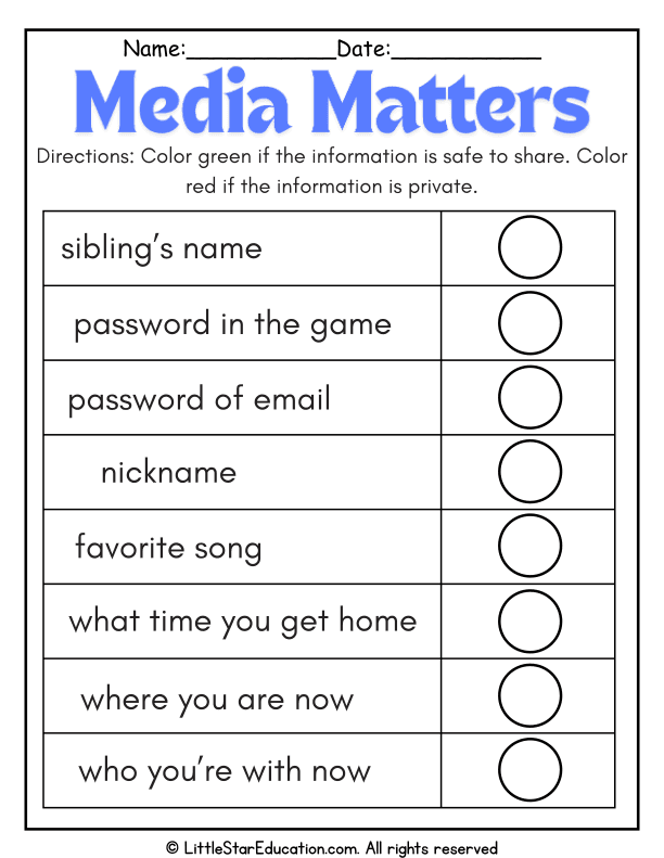 Safe vs. Private Information: Media Literacy Coloring for Kids
