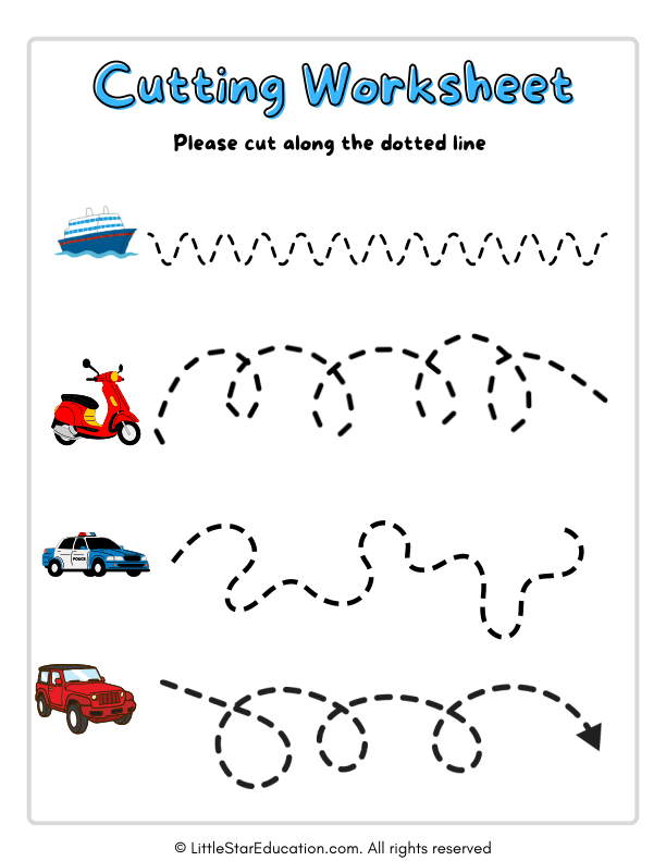 Scissor Skills Practice with Transportation Theme for Preschool Kids