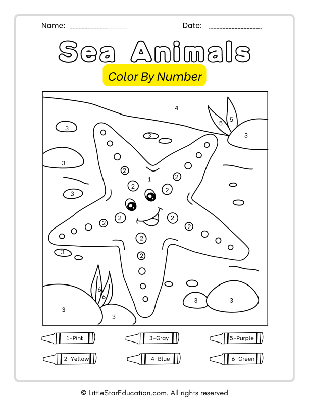 Sea Animals Color by Number Math for Preschool and Kindergarten