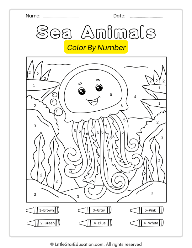 Sea Animals Color by Number Math for Preschool and Kindergarten