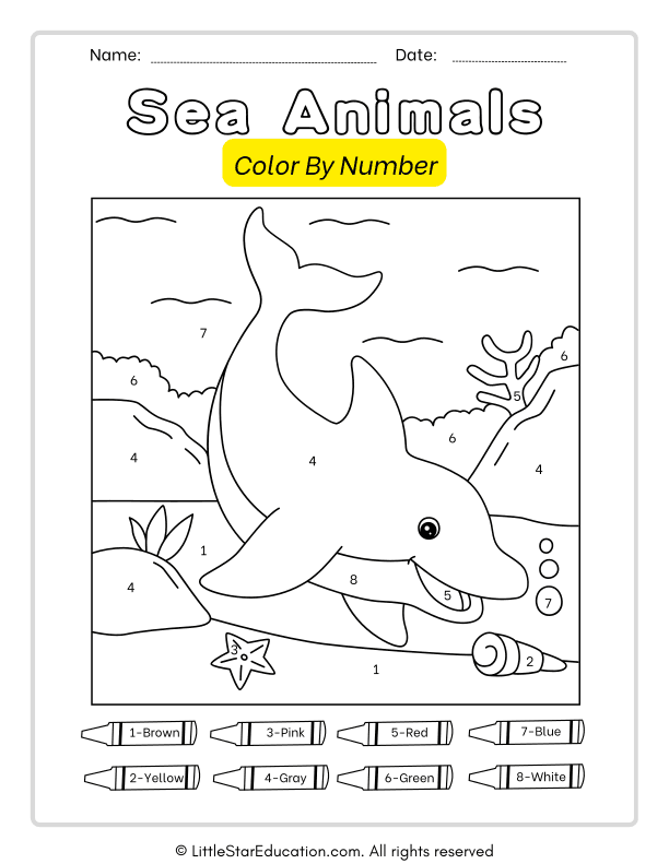 Sea Animals Color by Number Math for Preschool and Kindergarten