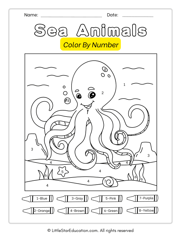 Sea Animals Color by Number Math for Preschool and Kindergarten