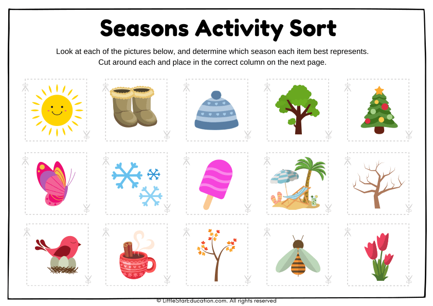 Seasons Sorting and Cutting Activity Science Worksheet