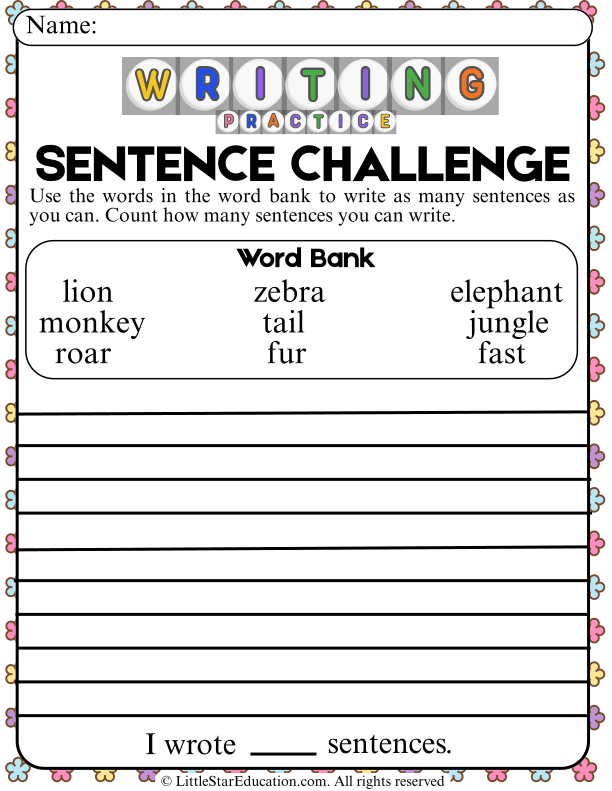 Sentence Building Challenge with Animal Word Bank for Early Readers