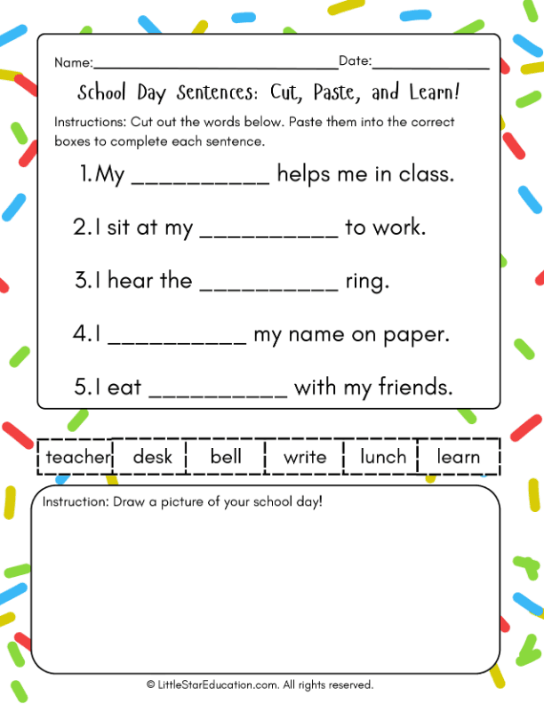Sentence Building Cut and Paste for First Grade English Language Arts