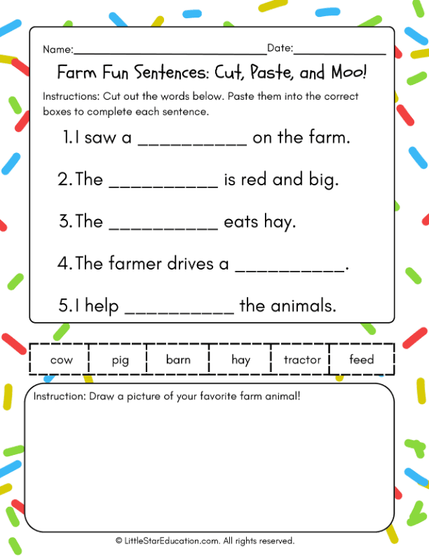 Sentence Building Cut and Paste for First Grade Language Arts