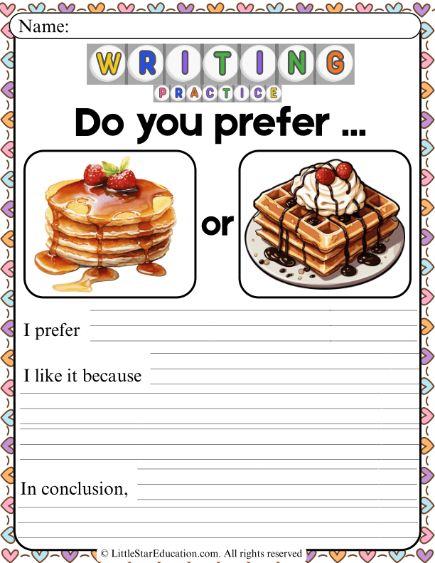 Sentence Building: Expressing Preferences Writing Practice for Grades 1-2