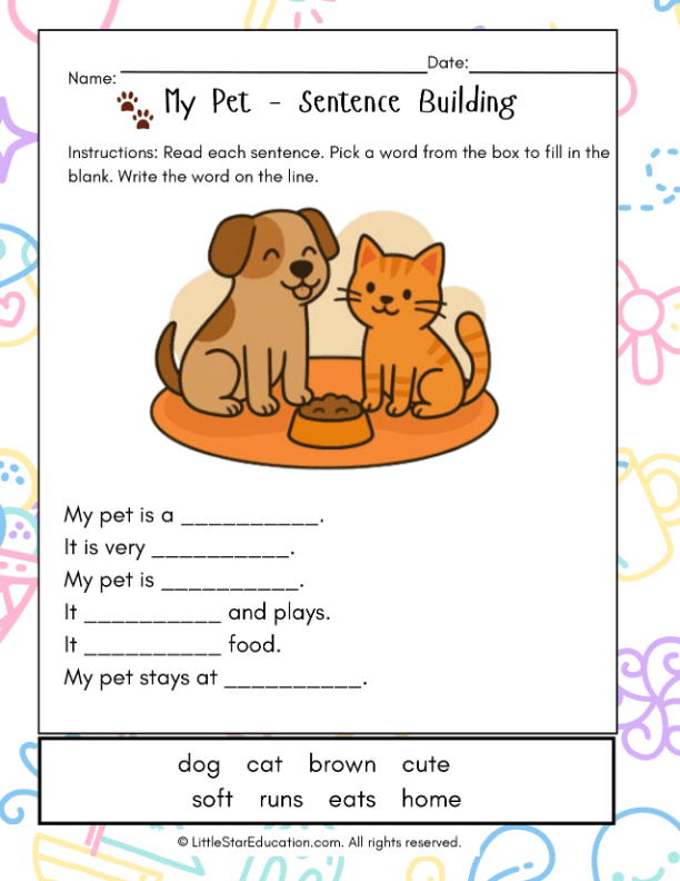 Sentence Building for First Grade: My Pet Writing Practice