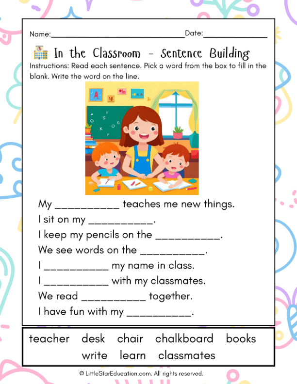 Sentence Building Practice: In the Classroom for First Grade ELA