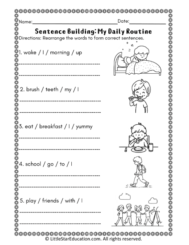 Sentence Building Practice: My Daily Routine for First Grade ELA
