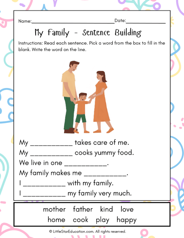 Sentence Building Practice: My Family for First Grade ELA