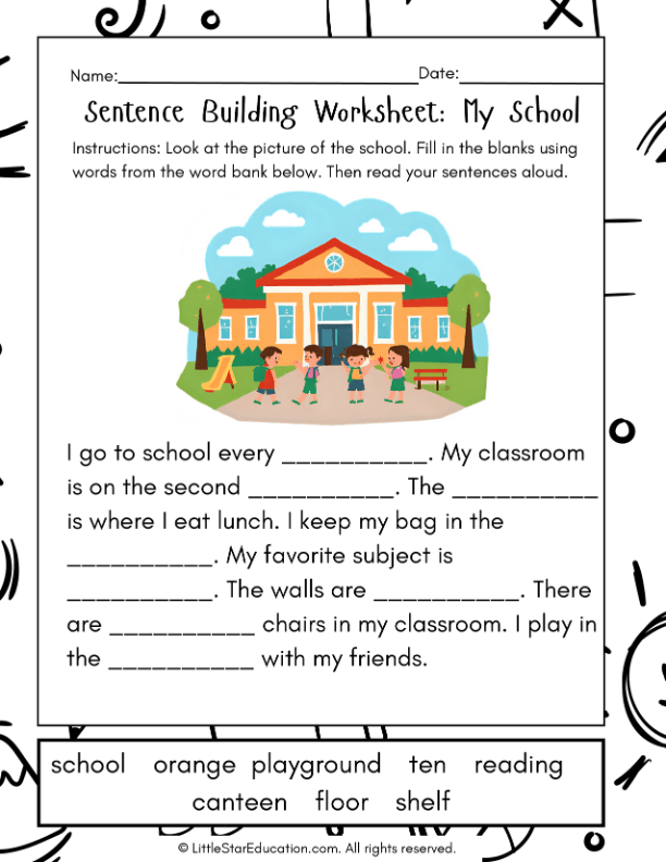 Sentence Building Practice: My School Theme for First Grade ELA
