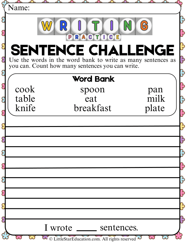 Sentence Building Practice with Word Bank for Early Elementary ELA