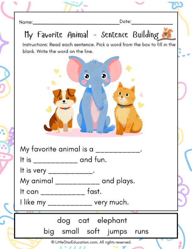 Sentence Building Practice: Writing About Favorite Animals for Grade 1