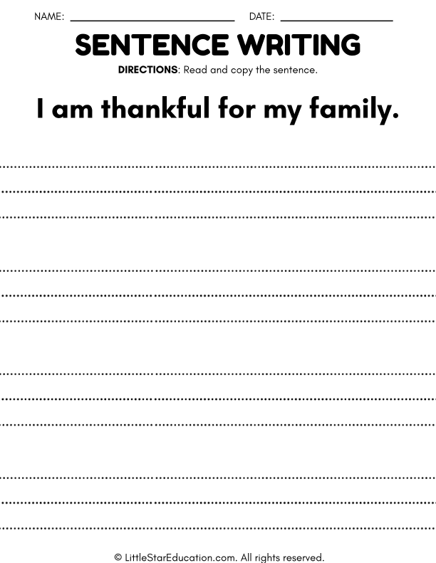 Sentence Writing Practice: Thankfulness and Family for Kindergarten